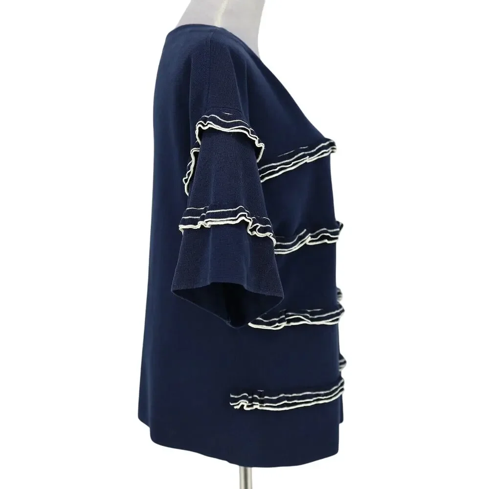 J Crew Sweater Womens Medium Navy Blue White Ruffle Top Cotton Knit Whimsy